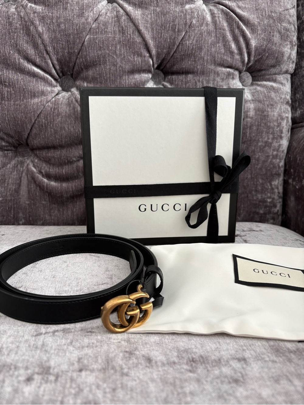 Gucci GG Marmont Black Leather Belt with Antique Gold Buckle- FULL SET!